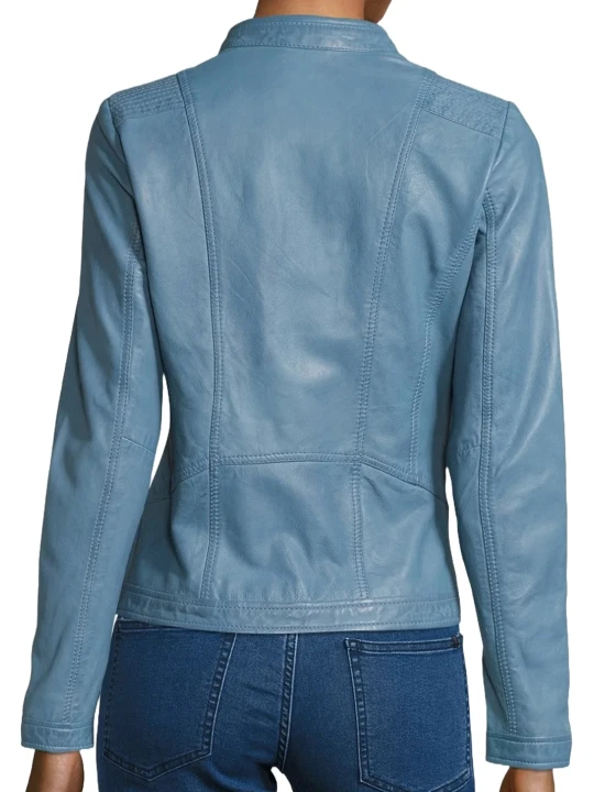 Blue Leather Jacket With Side Pockets Blue Leather Jacket With Side Pockets