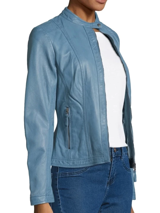 Blue Leather Jacket With Side Pockets Blue Leather Jacket With Side Pockets