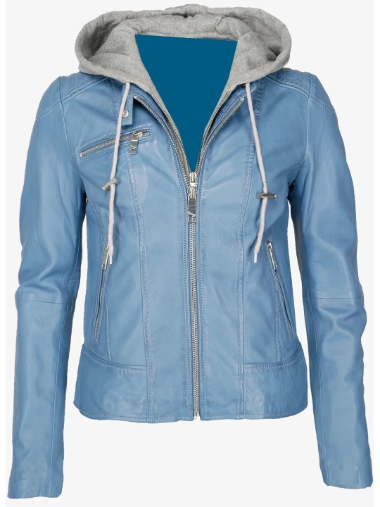 Blue Quilted Shoulder Hooded Leather Jacket