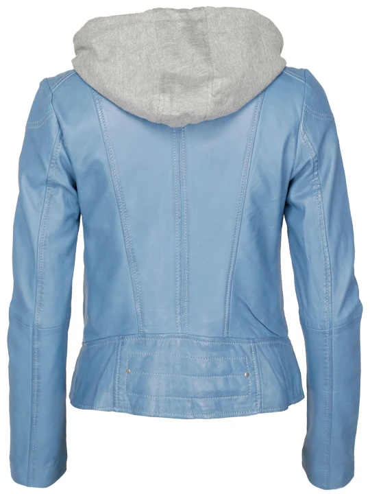 Blue Quilted Shoulder Hooded Leather Jacket