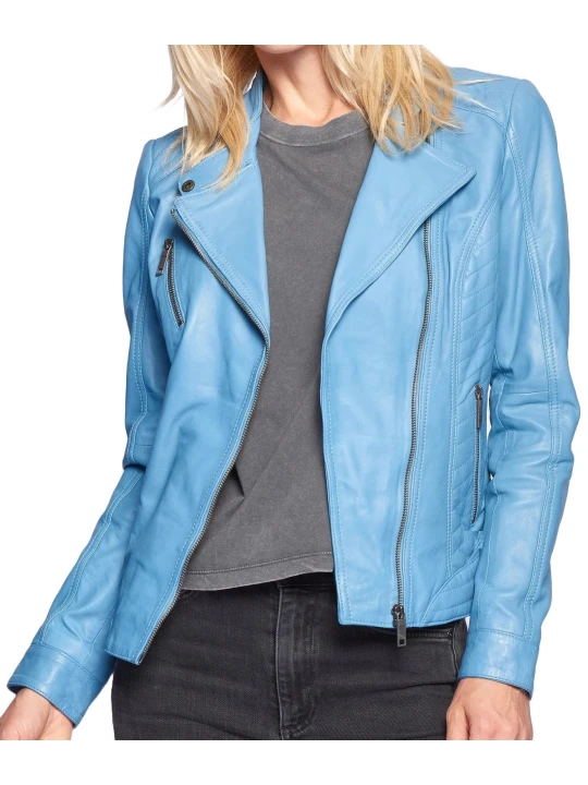 Blue Quilted Straight Leather Jacket