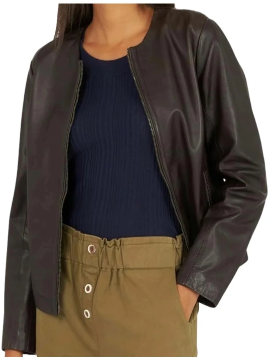 Brown Collarless Leather Jacket