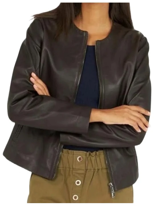 Brown Collarless Leather Jacket Brown Collarless Leather Jacket