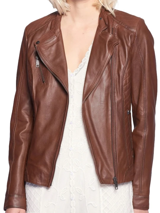 Brown Quilted Straight Leather Jacket