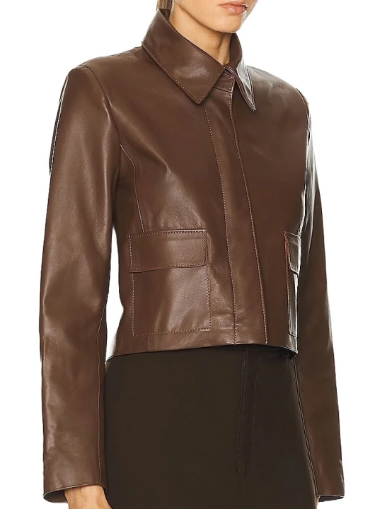Button Closure Lambskin Brown Leather Jacket