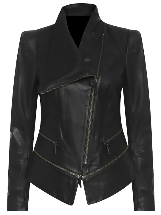 Classic Leather Jacket With High Neck Collar Classic Leather Jacket With High Neck Collar