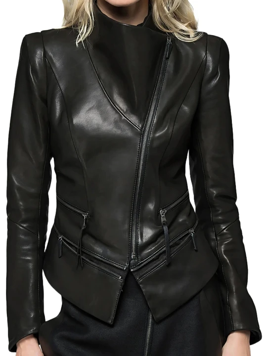 Classic Leather Jacket With High Neck Collar