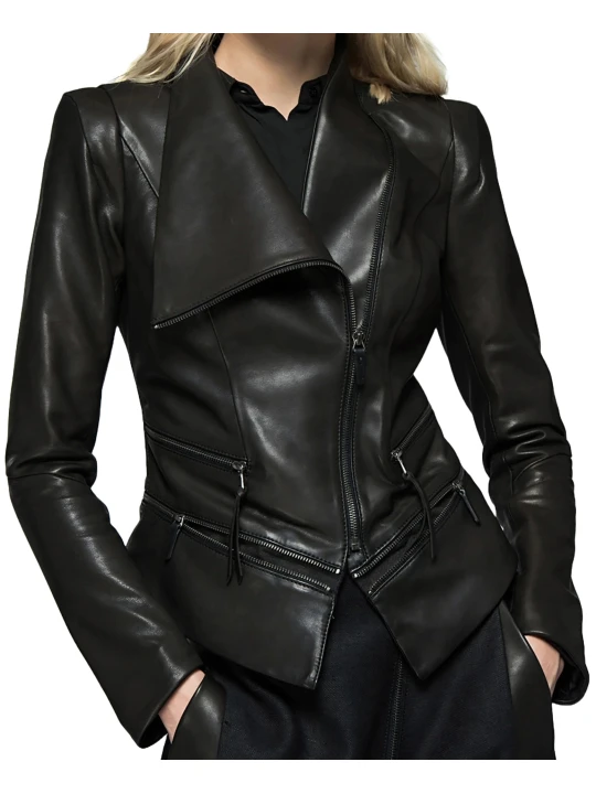 Classic Leather Jacket With High Neck Collar Classic Leather Jacket With High Neck Collar