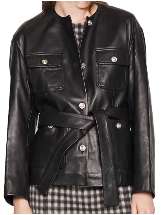 Classic Round Neck Belted Leather Jacket