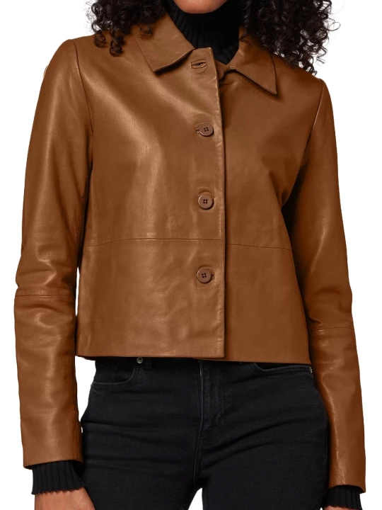 Cognac Down Collar Leather Jacket