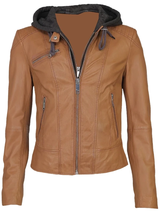 Cognac Quilted Shoulder Hooded Leather Jacket