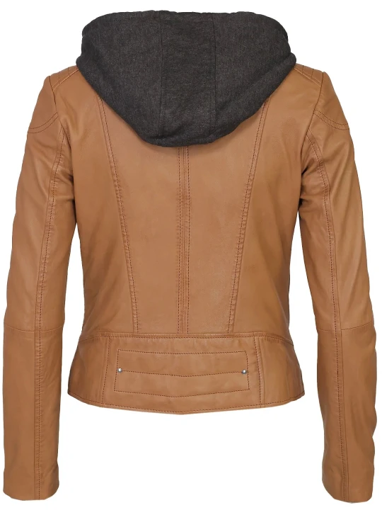 Cognac Quilted Shoulder Hooded Leather Jacket