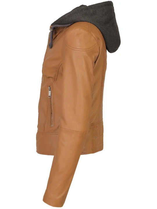 Cognac Quilted Shoulder Hooded Leather Jacket