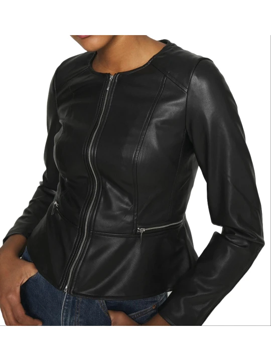 Crew Neck Real Leather Jacket