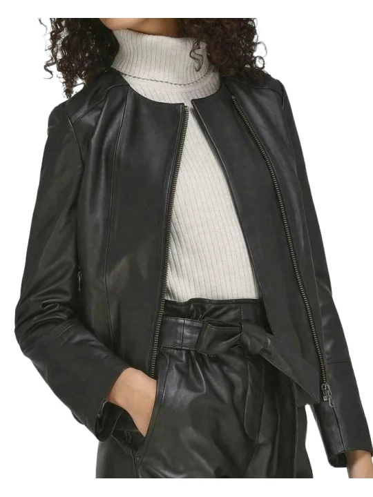 Crew Neck Regular Leather Jacket