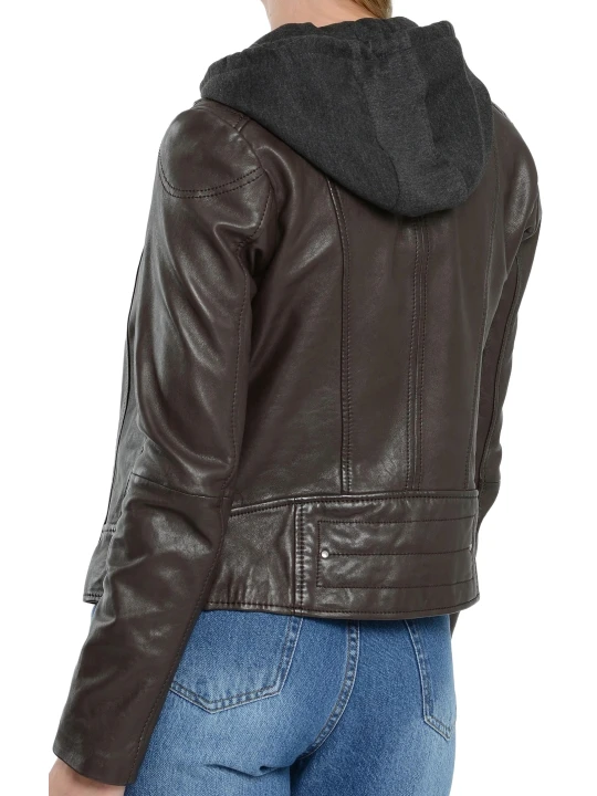 Dark Brown Quilted Shoulder Hooded Leather Jacket