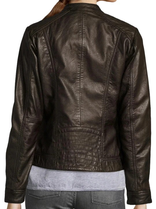 Dark Brown Standing Collar Leather Jacket