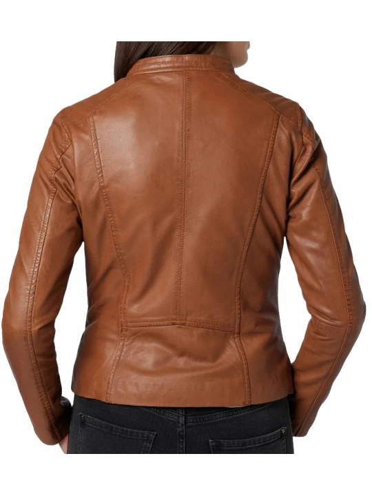 Designer Lapel Collar Leather Jacket Cognac