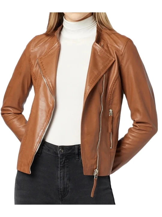 Designer Lapel Collar Leather Jacket Cognac