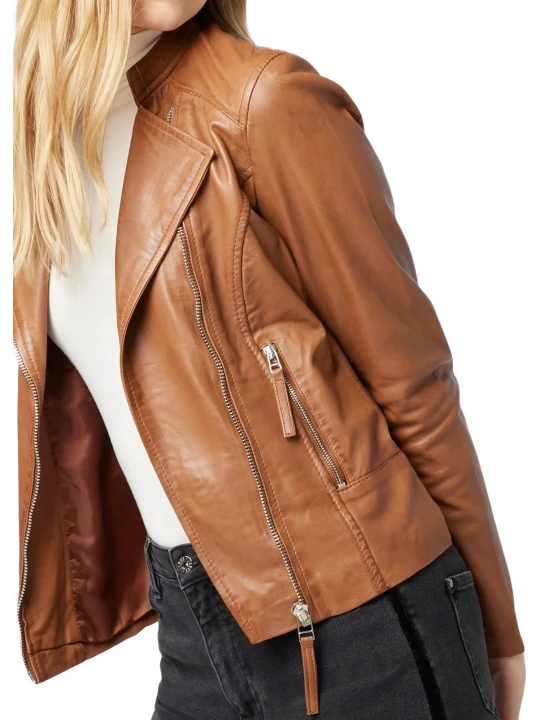 Designer Lapel Collar Leather Jacket Cognac