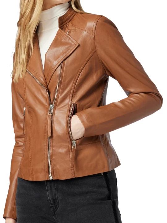 Designer Lapel Collar Leather Jacket Cognac