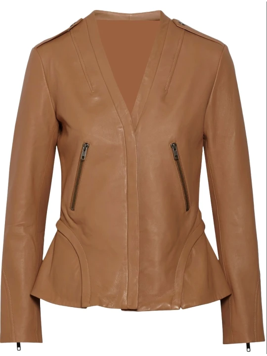 Designer V Neck Brown Leather Jacket