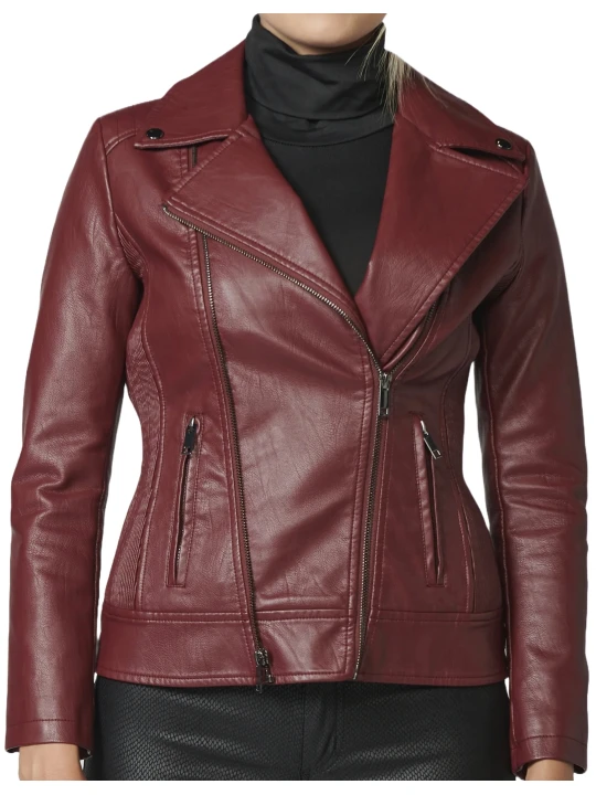 Diagonal Zip Burgundy Leather Jacket