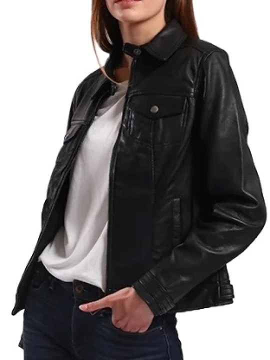 Down Collar Leather Jacket With Two Chest Pockets Down Collar Leather Jacket With Two Chest Pockets