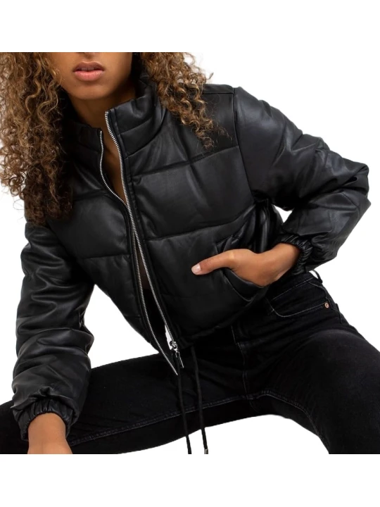 Elegant Look Puffer Black Leather Jacket
