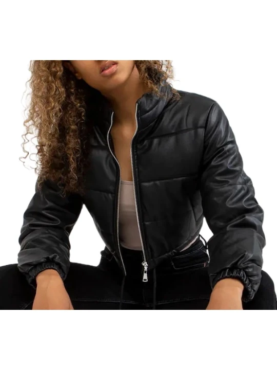 Elegant Look Puffer Black Leather Jacket