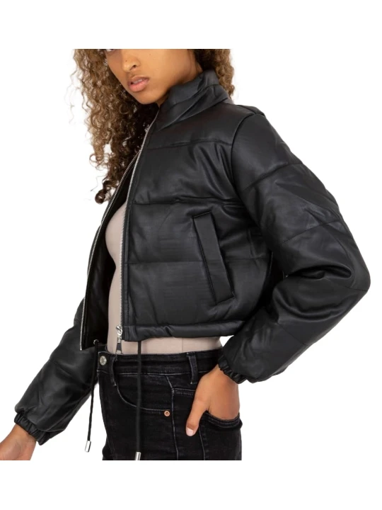 Elegant Look Puffer Black Leather Jacket