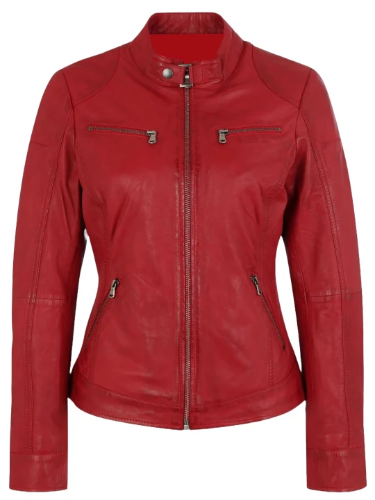 Fitted Design Red Leather Jacket With Stand Collar