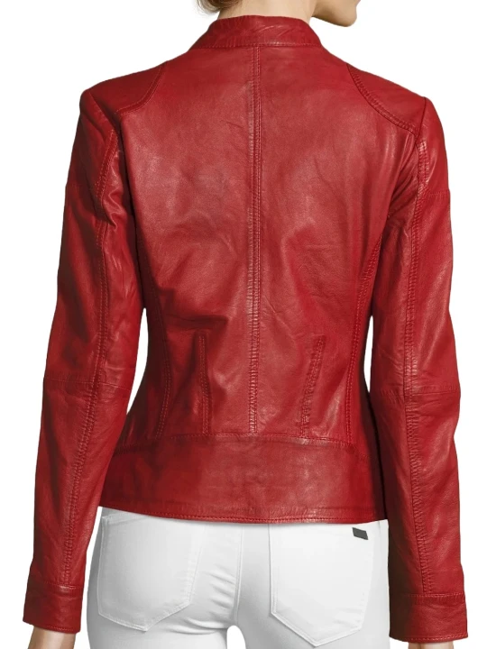 Fitted Design Red Leather Jacket With Stand Collar