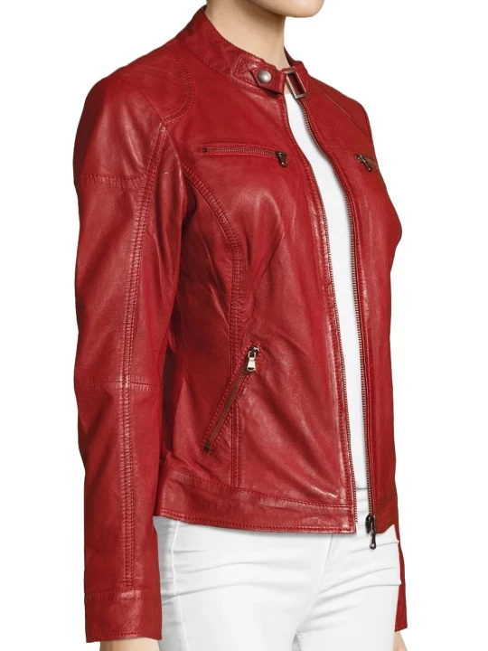 Fitted Design Red Leather Jacket With Stand Collar