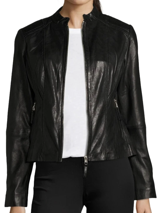 Band Collar Black Leather Jacket