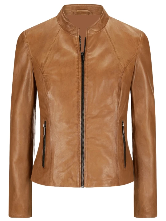 Front Zip Camel Leather Jacket