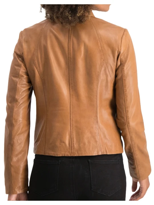 Front Zip Camel Leather Jacket