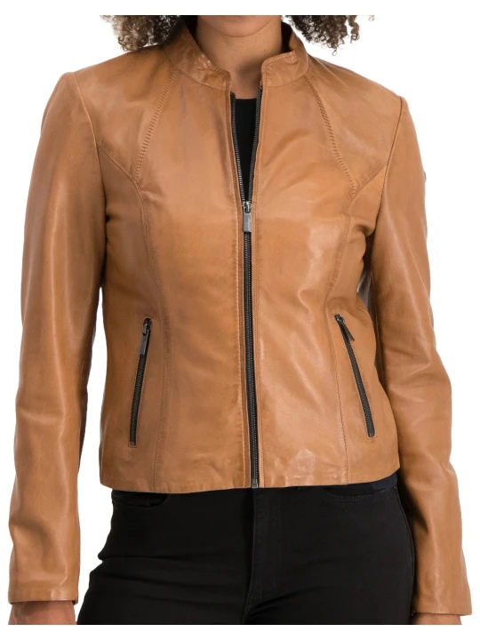 Front Zip Camel Leather Jacket
