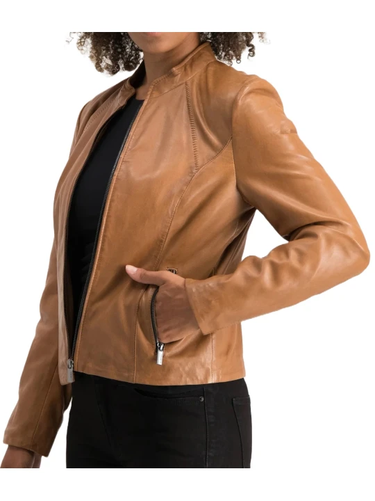 Front Zip Camel Leather Jacket