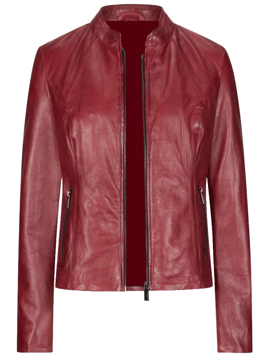 Front Zip Red Leather Jacket