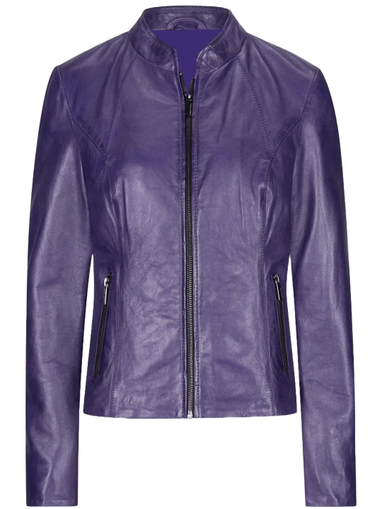 Front Zip Violet Leather Jacket