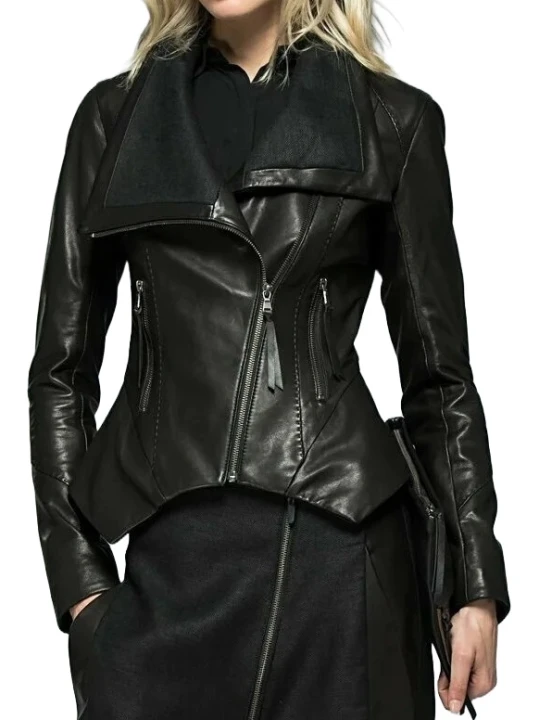 High Collar Zipper Black Leather Jacket