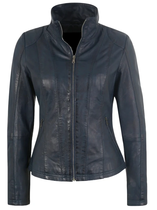 Navy Blue Tailored Fit Women Leather Jacket