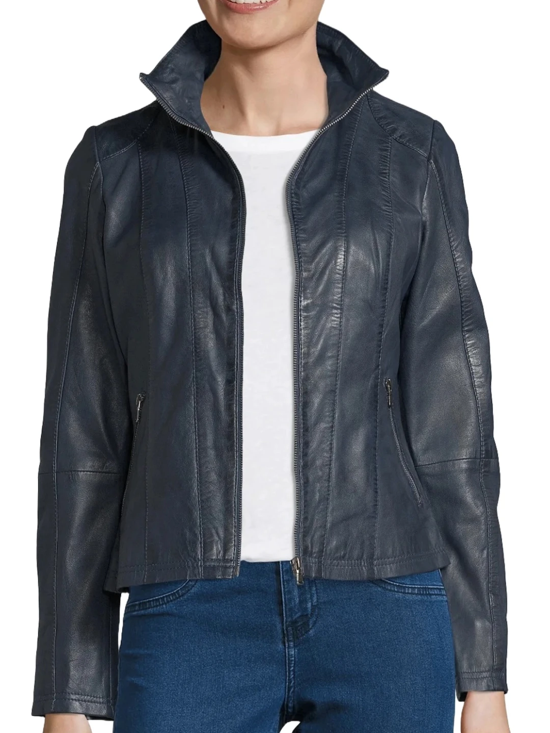 Navy Blue Tailored Fit Women Leather Jacket