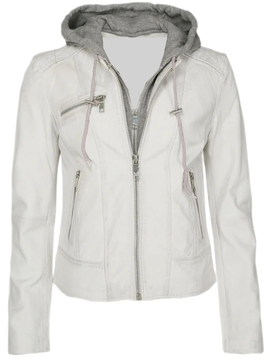White Quilted Shoulder Hooded Leather Jacket