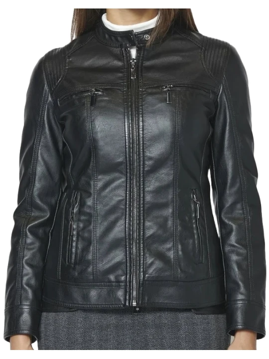 Quilted Shoulder Real Leather Jacket