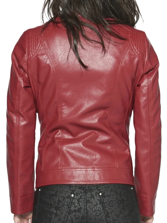Burgundy Front Zipper Leather Jacket