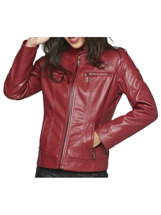 Burgundy Front Zipper Leather Jacket