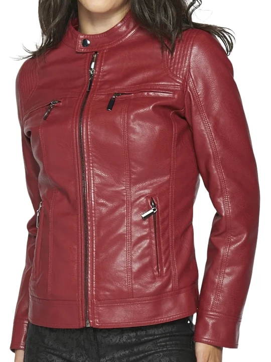 Burgundy Front Zipper Leather Jacket
