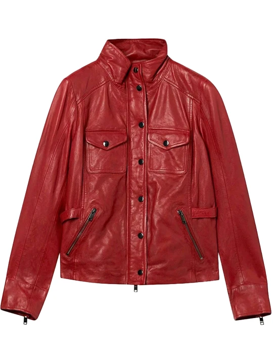 Red Genuine Leather Jacket With Stand Collar
